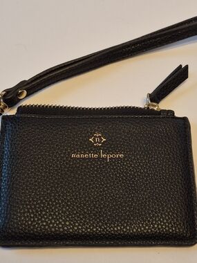 Nanette Lepore Black Pebbled Leather Wristlet with Gold Logo